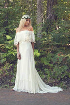 Ivory Chiffon A-line Off-the-Shoulder Bohemian Lace Beach Wedding Dresses