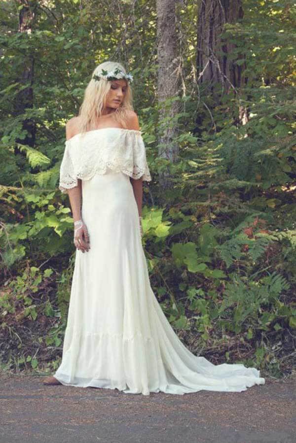 Ivory Chiffon A-line Off-the-Shoulder Bohemian Lace Beach Wedding Dresses