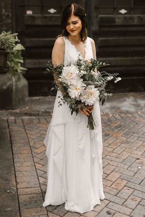 Ivory Chiffon Backless A-line V-neck Lace Wedding Dresses, Bridal Gown