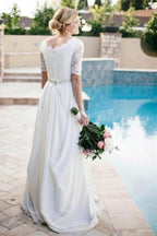 Ivory Lace A-line Beaded Half Sleeves Wedding Dresses, Bridal Dress