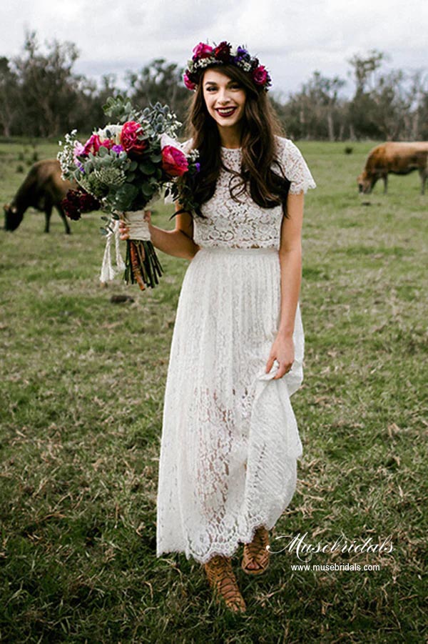 Ivory Lace A-line Two Pieces Short Sleeves Beach Wedding Dresses
