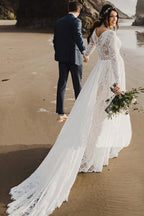 Ivory Lace A-line V-neck Long Sleeves Beach Wedding Dresses, Bridal Gown