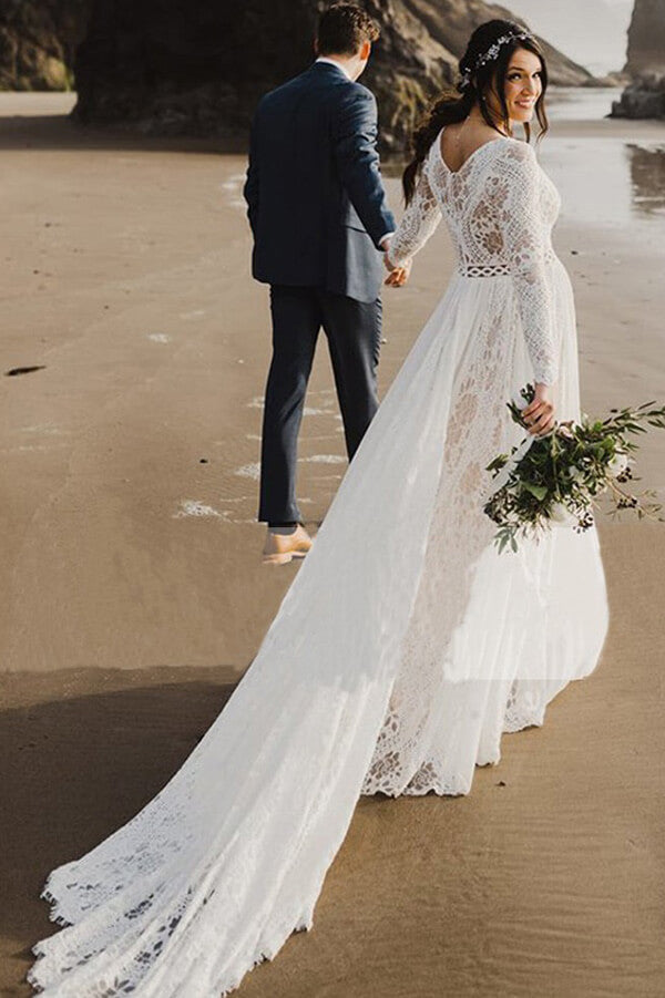 Ivory Lace A-line V-neck Long Sleeves Beach Wedding Dresses, Bridal Gown