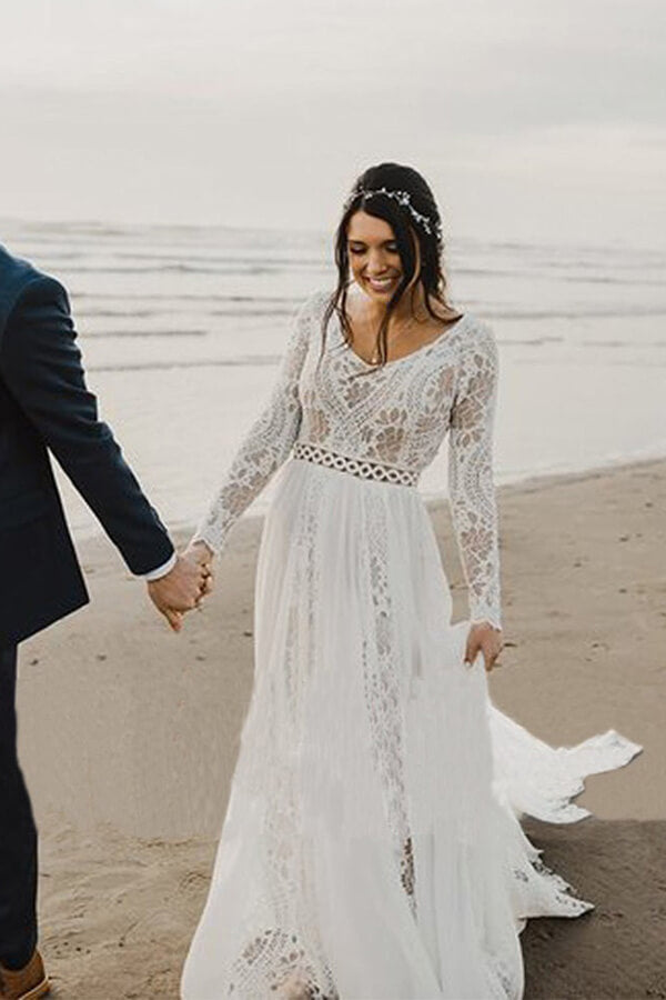 Ivory Lace A-line V-neck Long Sleeves Beach Wedding Dresses, Bridal Gown