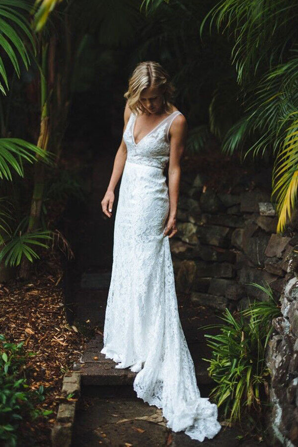Ivory Lace Mermaid Open Back V-neck Long Beach Wedding Dresses