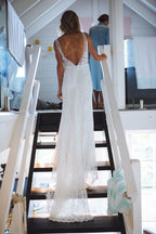 Ivory Lace Mermaid Open Back V-neck Long Beach Wedding Dresses