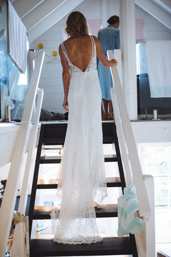 Ivory Lace Mermaid Open Back V-neck Long Beach Wedding Dresses