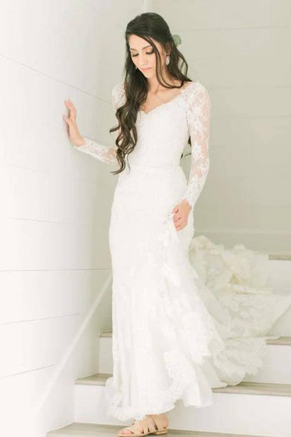 Ivory Lace Sheath V-neck Long Sleeves Chapel Train Wedding Dresses