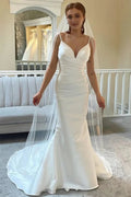 Ivory Mermaid Spaghetti Straps Backless Wedding Dress With Court Train