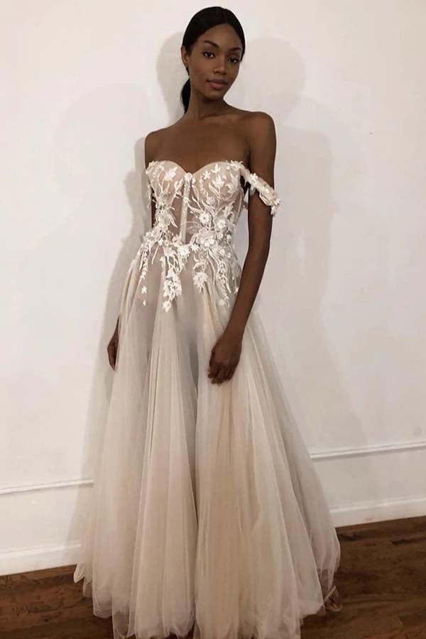 Ivory Off Shoulder Sweetheart Long Wedding Dresses with Lace Appliques