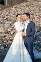 Ivory Satin A-line Long Sleeves Embroidery Modest Wedding Dresses