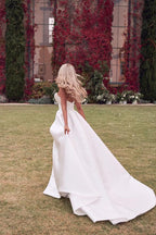 Ivory Satin A-line Strapless Court Train Wedding Dresses With Thigh Slit