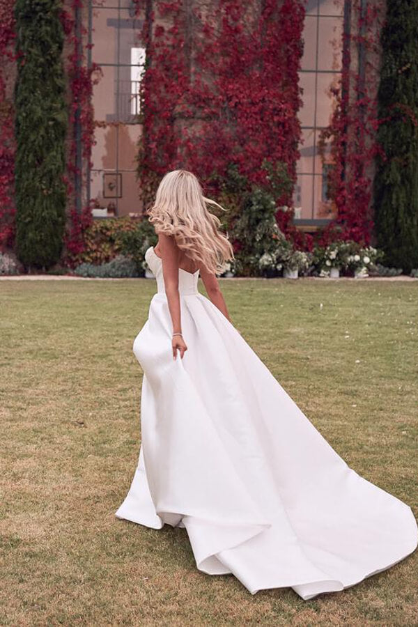 Ivory Satin A-line Strapless Court Train Wedding Dresses With Thigh Slit