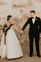 Ivory Satin A-line V-neck Spaghetti Straps Sleeveless Wedding Dresses