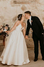 Ivory Satin A-line V-neck Spaghetti Straps Sleeveless Wedding Dresses