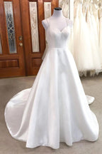 Ivory Satin A-line V-neck Spaghetti Straps Wedding Dresses, Bridal Gown