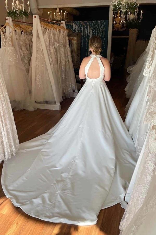 Ivory Satin Deep V-neck Wedding Dresses With Pockets, Bridal Gowns
