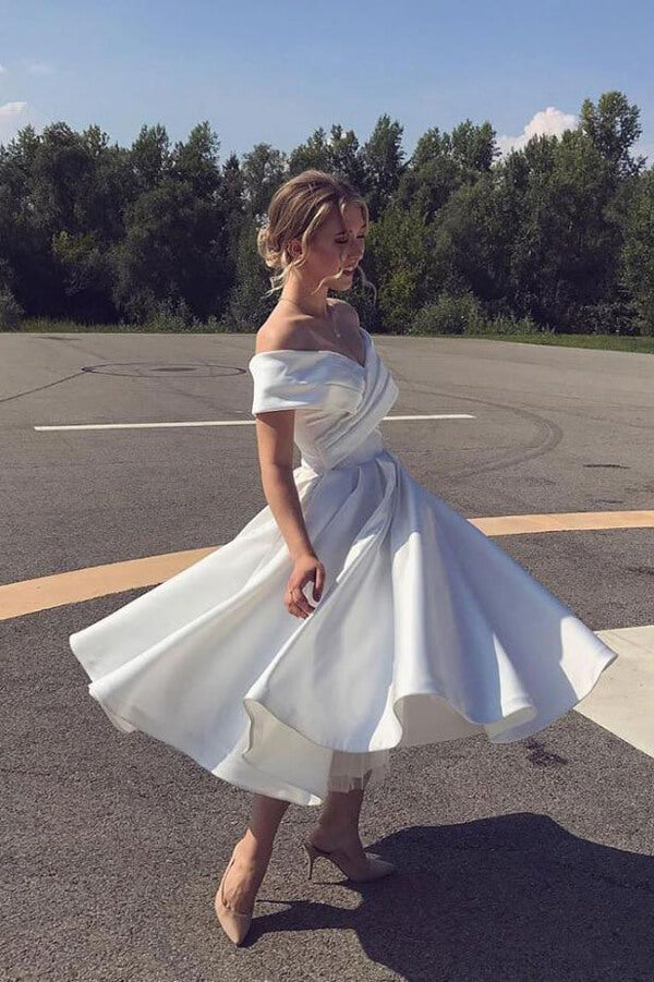 Ivory Satin Off Shoulder A-line Ankle-length Wedding Dress, Bridal Gown