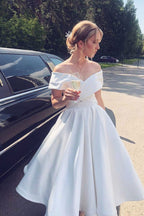 Ivory Satin Off Shoulder A-line Ankle-length Wedding Dress, Bridal Gown