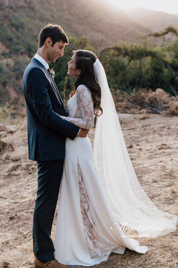 Ivory Sheath Satin Long Sleeves Rustic Wedding Dresses, Bridal Dress