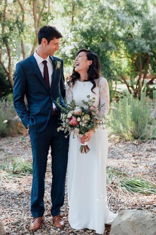Ivory Sheath Satin Long Sleeves Rustic Wedding Dresses, Bridal Dress