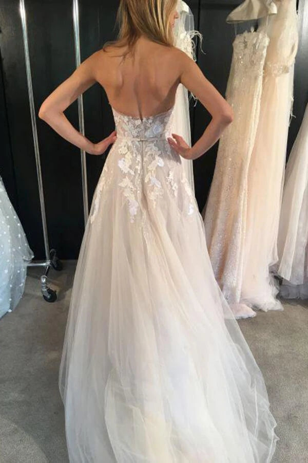 Ivory Strapless A-line Tulle Lace Sweetheart Wedding Dresses, Bridal Gowns
