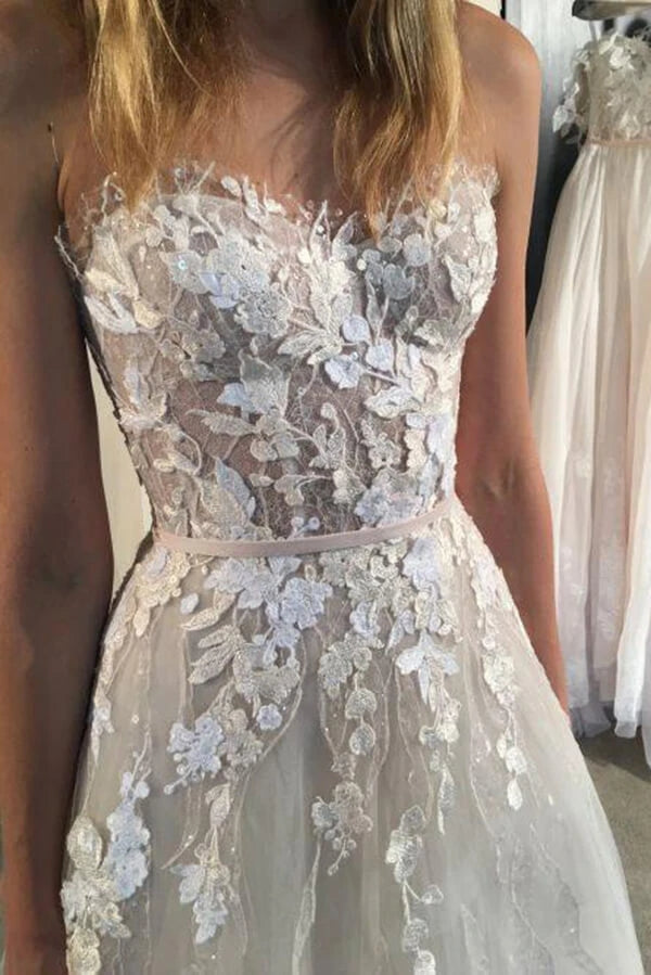 Ivory Strapless A-line Tulle Lace Sweetheart Wedding Dresses, Bridal Gowns