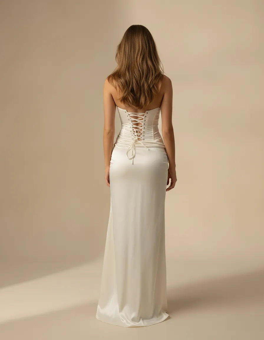 Vestidos de Fiesta de Satén sin Tirantes con Corsé de Encaje, Espalda con Cordones, Cintura Retorcida y Abertura Delantera para Baile de Graduación y Boda