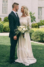 Ivory Tulle A-line Long Sleeves Bateau Wedding Dresses with Lace Appliques