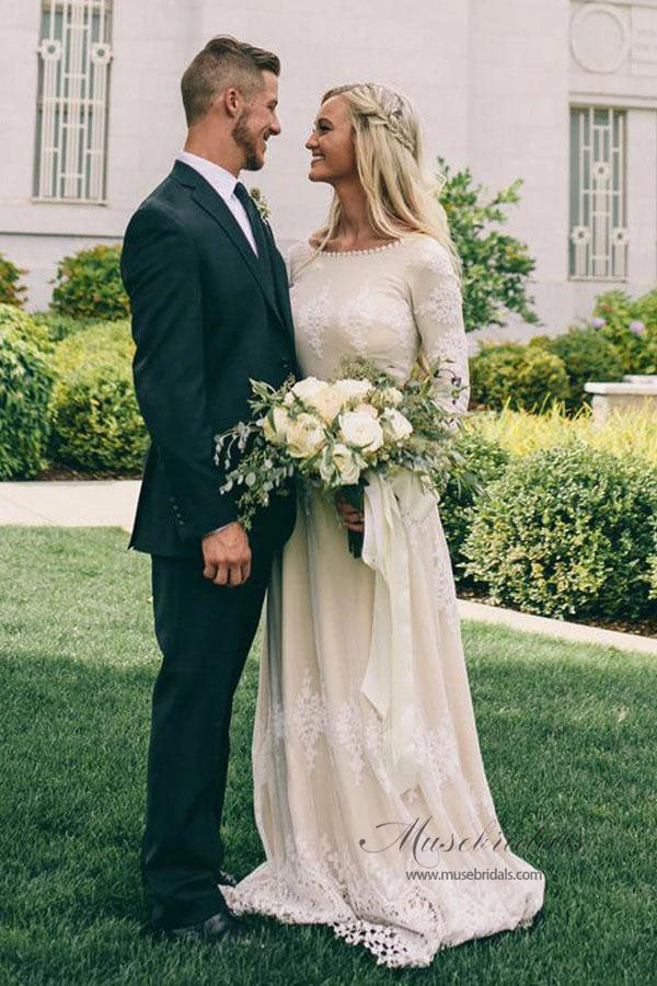 Ivory Tulle A-line Long Sleeves Bateau Wedding Dresses with Lace Appliques