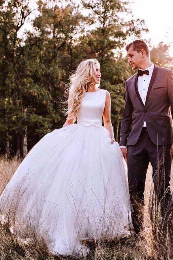 Ivory Tulle A-line Modest Backless Wedding Dresses, Simple Wedding Gown