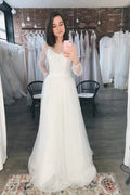 Ivory Tulle A-line Scoop Long Sleeves Beaded Bohemian Wedding Dresses