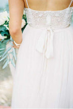 Ivory Tulle Beaded Spaghetti Straps Wedding Dress, A-line Wedding Gowns
