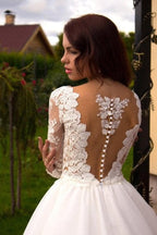 Ivory Tulle Boho Princess A-line V-neck Long Sleeves Wedding Dresses