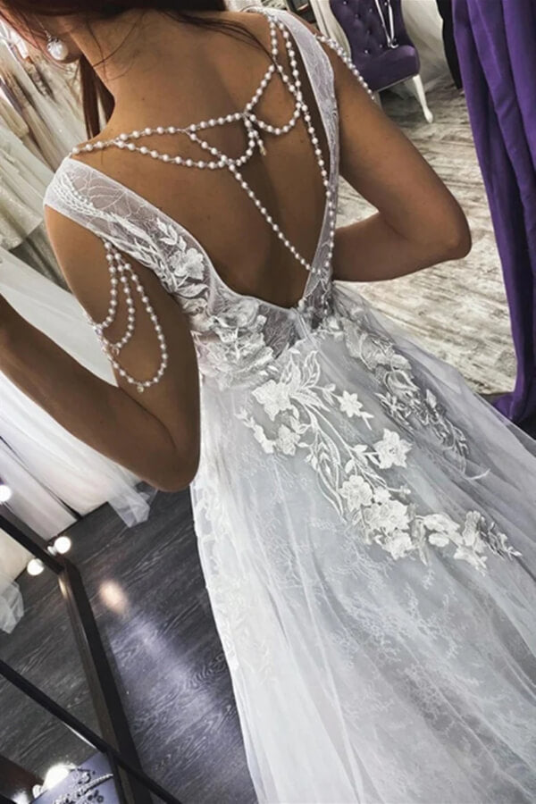 Ivory Tulle Lace Appliques A-line V-neck Beaded Wedding Dresses