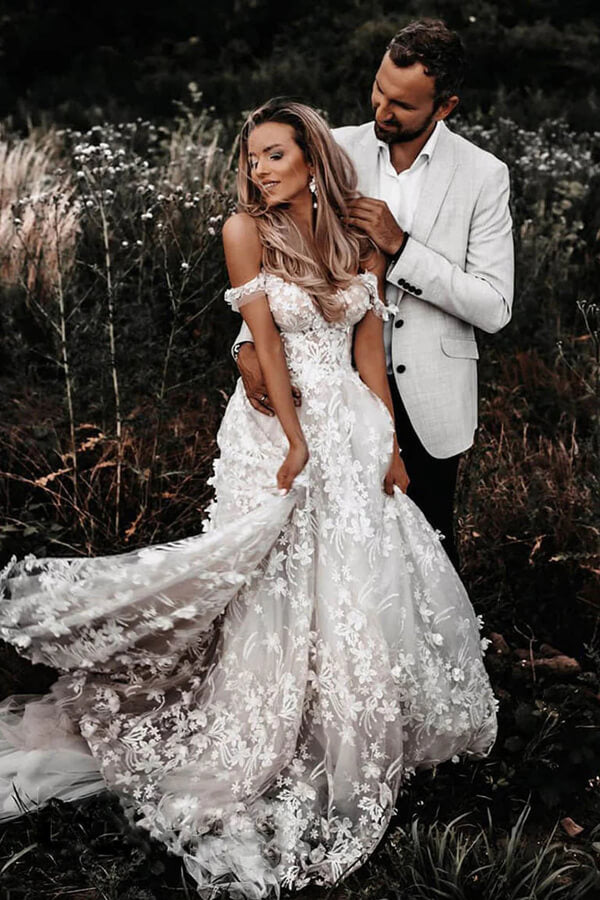 Ivory Tulle Off-the-Shoulder A-line Lace Flowers Beach Wedding Dresses