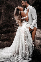 Ivory Tulle Off-the-Shoulder A-line Lace Flowers Beach Wedding Dresses