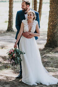 Ivory Tulle Rustic Lace Appliques V-neck Wedding Dresses, Bridal Gowns