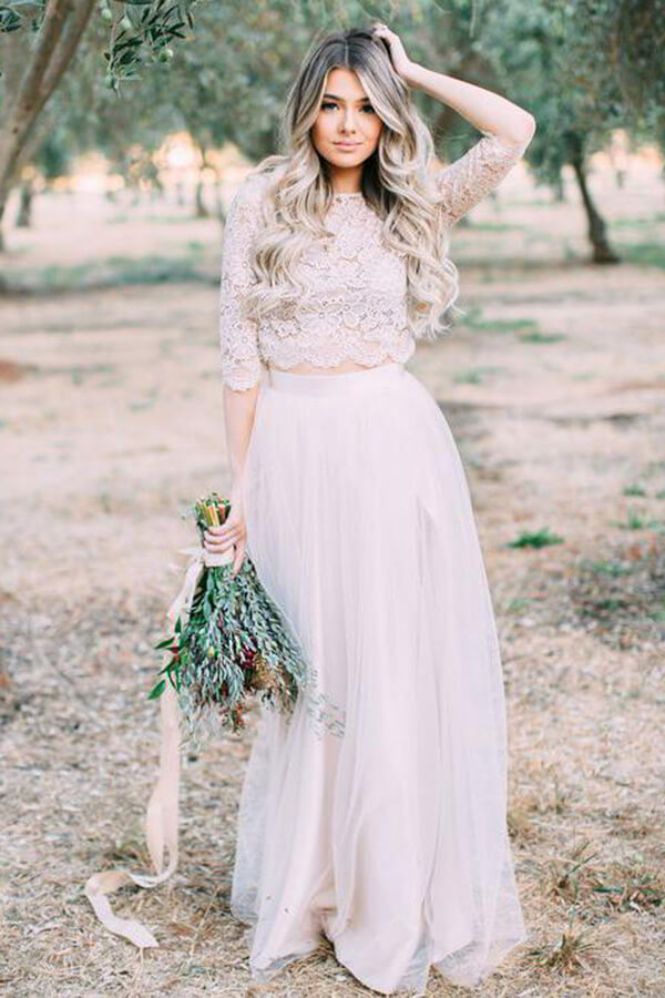 Vestidos de novia rústicos de dos piezas color marfil, con mangas largas y hasta el suelo