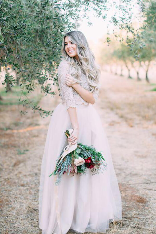 Ivory Two Pieces Long Sleeves Floor Length Rustic Wedding Dresses