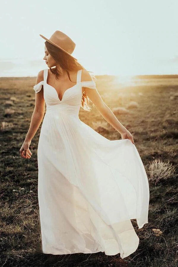 Ivory Vintage Chiffon A-line Floor Length Wedding Dresses, Bridal Gowns
