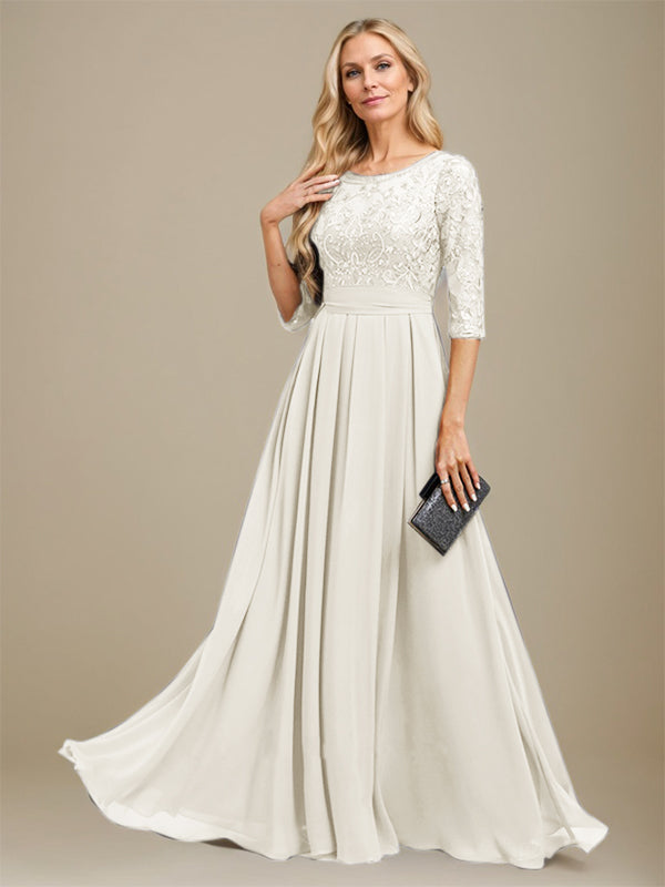 Vestido de gasa con encaje y apliques de lentejuelas para madre de la novia, corte A, largo hasta el suelo 