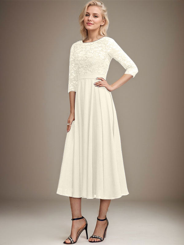 A-Linien-Kleid mit Rundhalsausschnitt, Teelänge, Spitze, Chiffon, Pailletten, für die Mutter der Braut