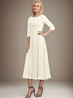 A-Linien-Kleid mit Rundhalsausschnitt, Teelänge, Spitze, Chiffon, Pailletten, für die Mutter der Braut