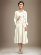 Vestido de gasa con encaje y lentejuelas para madre de la novia, corte A, escote redondo y largo hasta la rodilla 