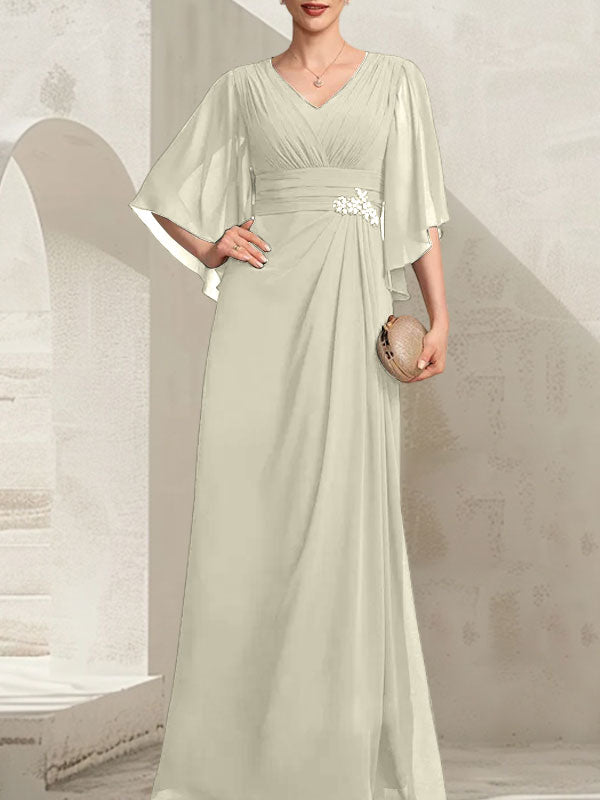 Vestido de gasa para madre de la novia, con escote en V, largo hasta el suelo, con lentejuelas plisadas y abalorios.