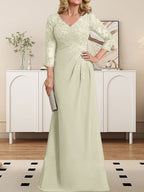 Etuikleid/Säulenkleid mit V-Ausschnitt, Illusion-Detail, bodenlang, aus Chiffonspitze und plissierten Pailletten für die Mutter der Braut 