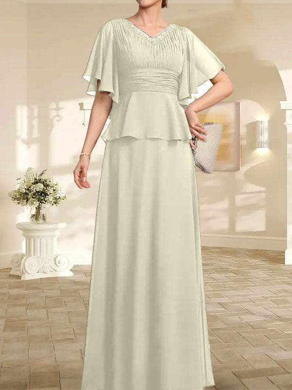 Vestido de gasa para madre de la novia, corte A, escote en V, largo hasta el suelo, con cuentas plisadas