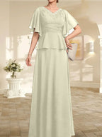 Vestido de gasa para madre de la novia, corte A, escote en V, largo hasta el suelo, con cuentas plisadas