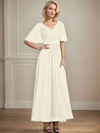 A-Linien-Chiffonkleid mit V-Ausschnitt, Knöchellänge, plissierten Pailletten und Perlenstickerei für die Mutter der Braut